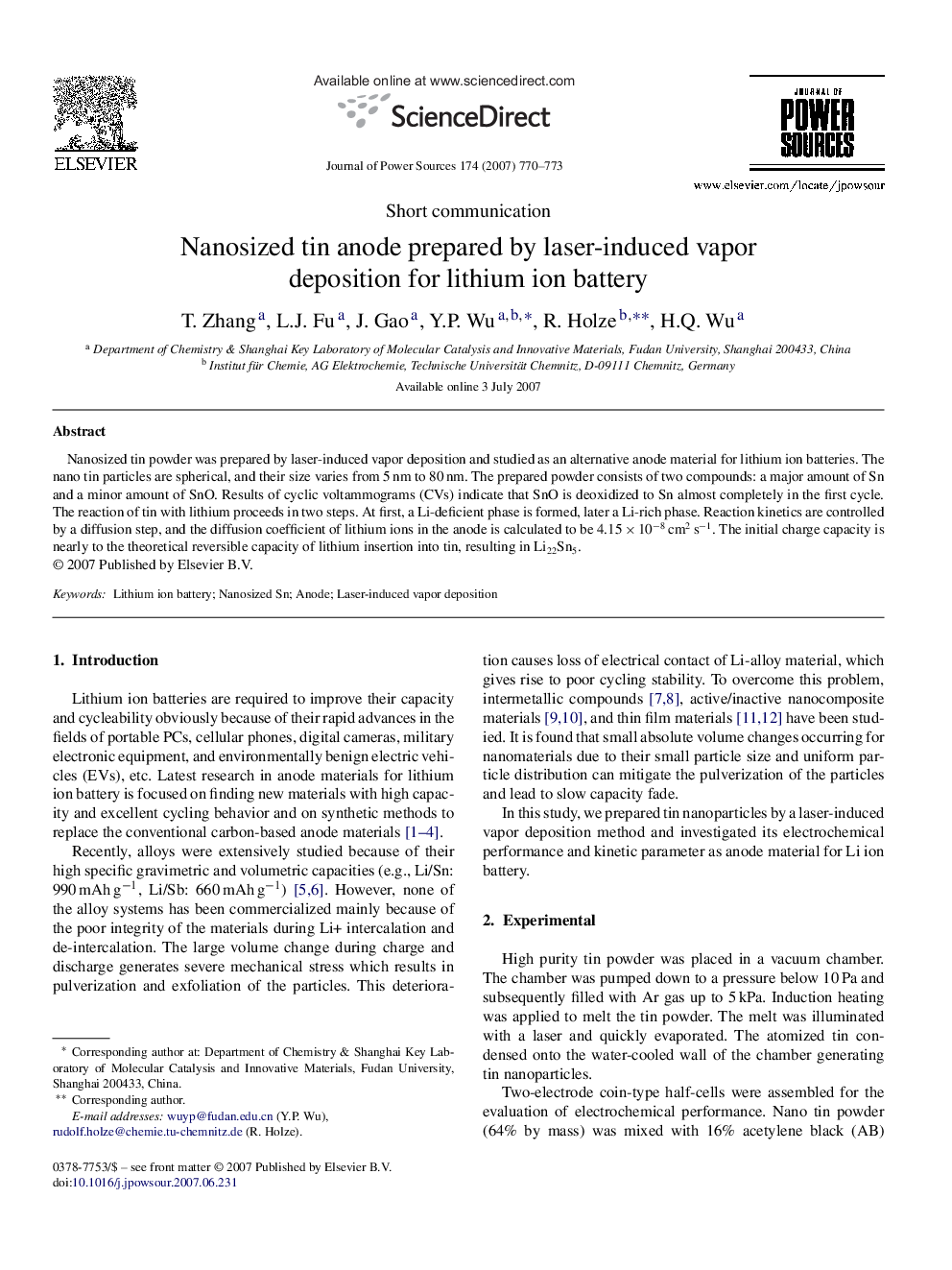 Nanosized tin anode prepared by laser-induced vapor deposition for lithium ion battery