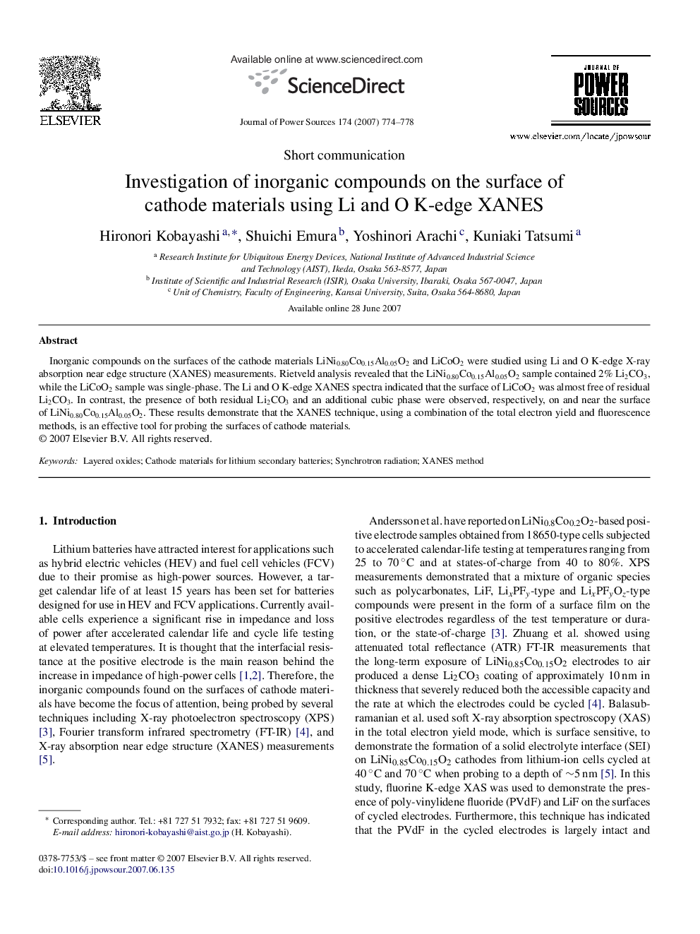 Investigation of inorganic compounds on the surface of cathode materials using Li and O K-edge XANES