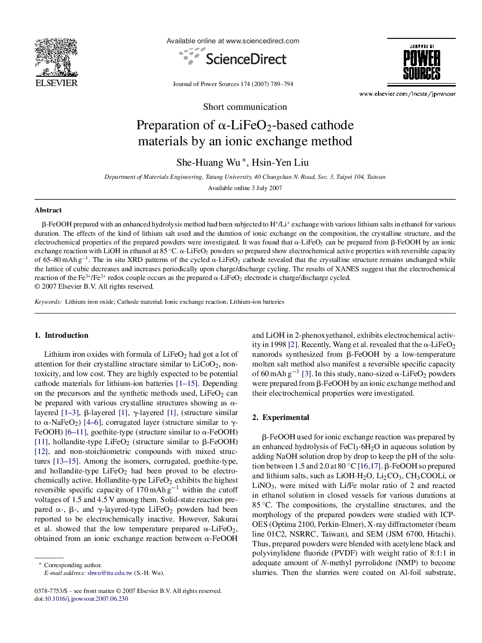 Preparation of α-LiFeO2-based cathode materials by an ionic exchange method