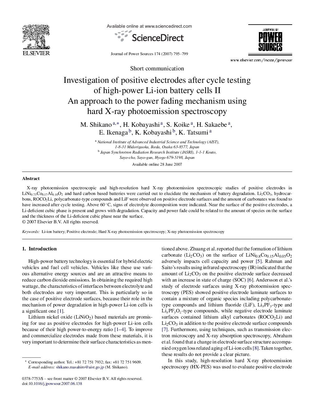 Investigation of positive electrodes after cycle testing of high-power Li-ion battery cells II: An approach to the power fading mechanism using hard X-ray photoemission spectroscopy