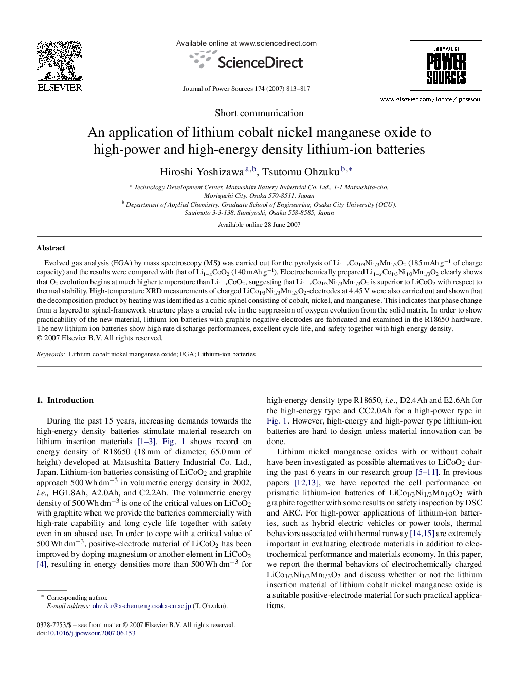 An application of lithium cobalt nickel manganese oxide to high-power and high-energy density lithium-ion batteries