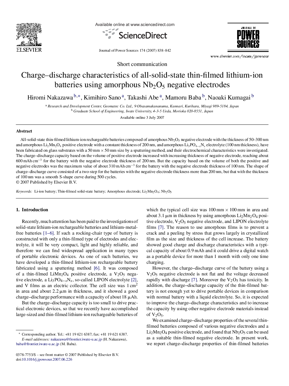 Charge–discharge characteristics of all-solid-state thin-filmed lithium-ion batteries using amorphous Nb2O5 negative electrodes