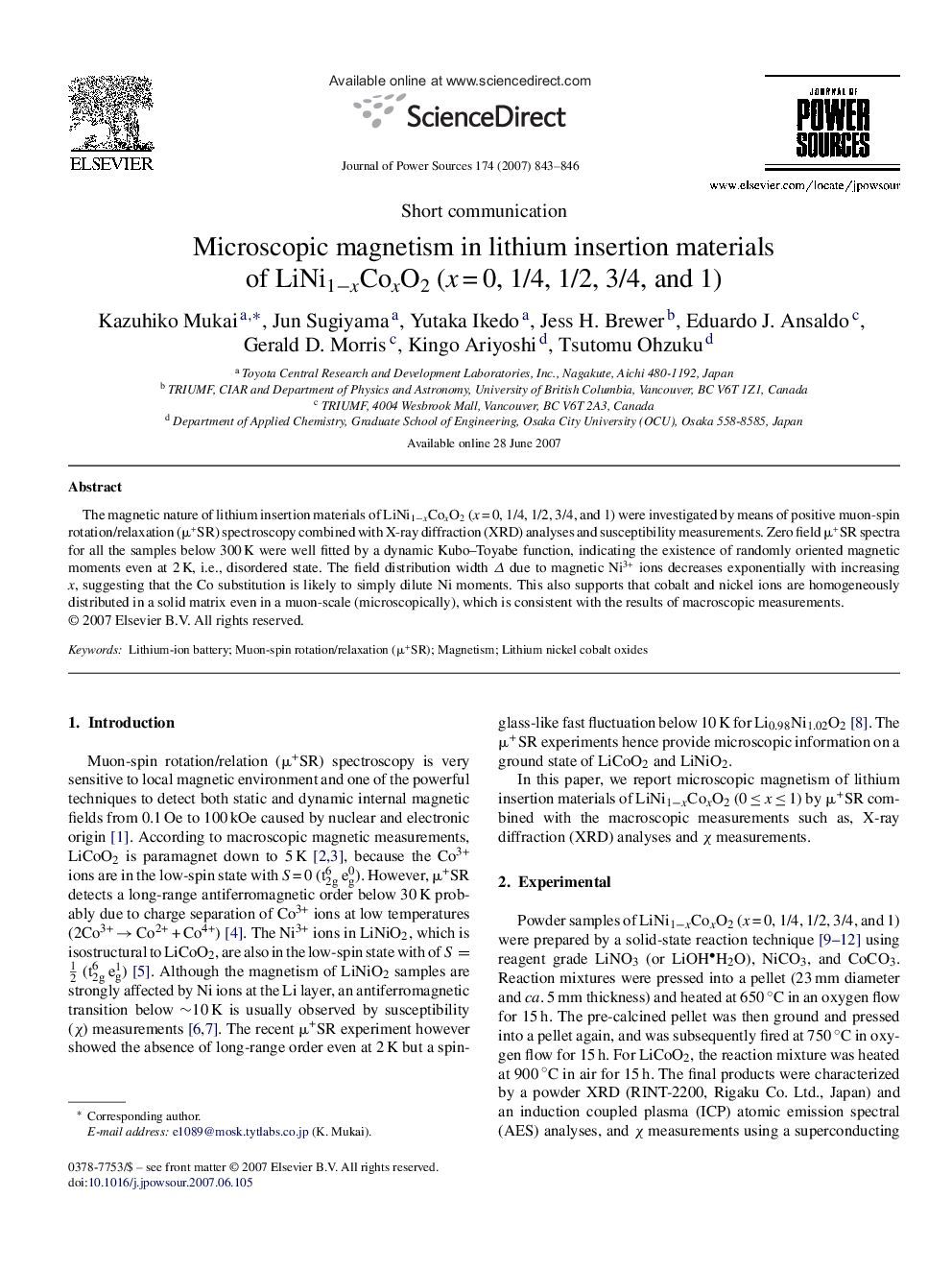 Microscopic magnetism in lithium insertion materials of LiNi1âxCoxO2 (xÂ =Â 0, 1/4, 1/2, 3/4, and 1)