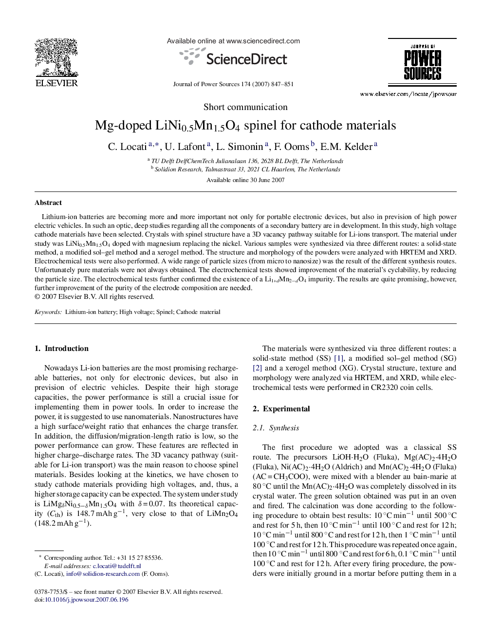 Mg-doped LiNi0.5Mn1.5O4 spinel for cathode materials