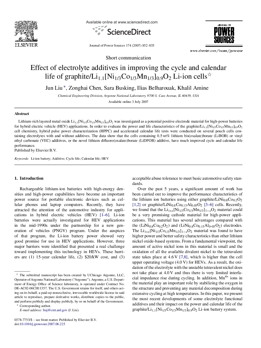 Effect of electrolyte additives in improving the cycle and calendar life of graphite/Li1.1[Ni1/3Co1/3Mn1/3]0.9O2 Li-ion cells 