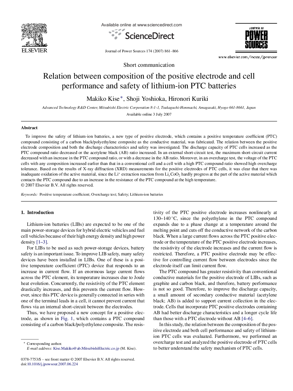 Relation between composition of the positive electrode and cell performance and safety of lithium-ion PTC batteries