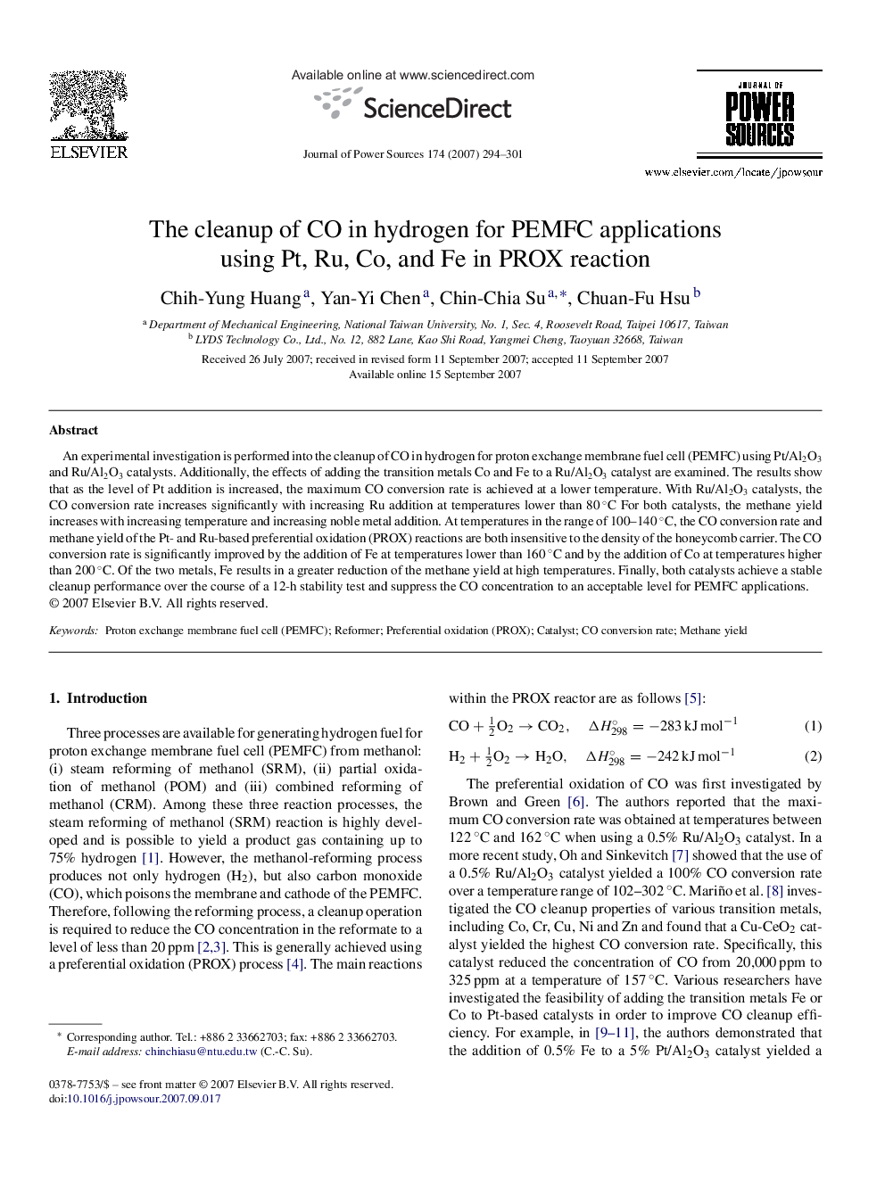 The cleanup of CO in hydrogen for PEMFC applications using Pt, Ru, Co, and Fe in PROX reaction