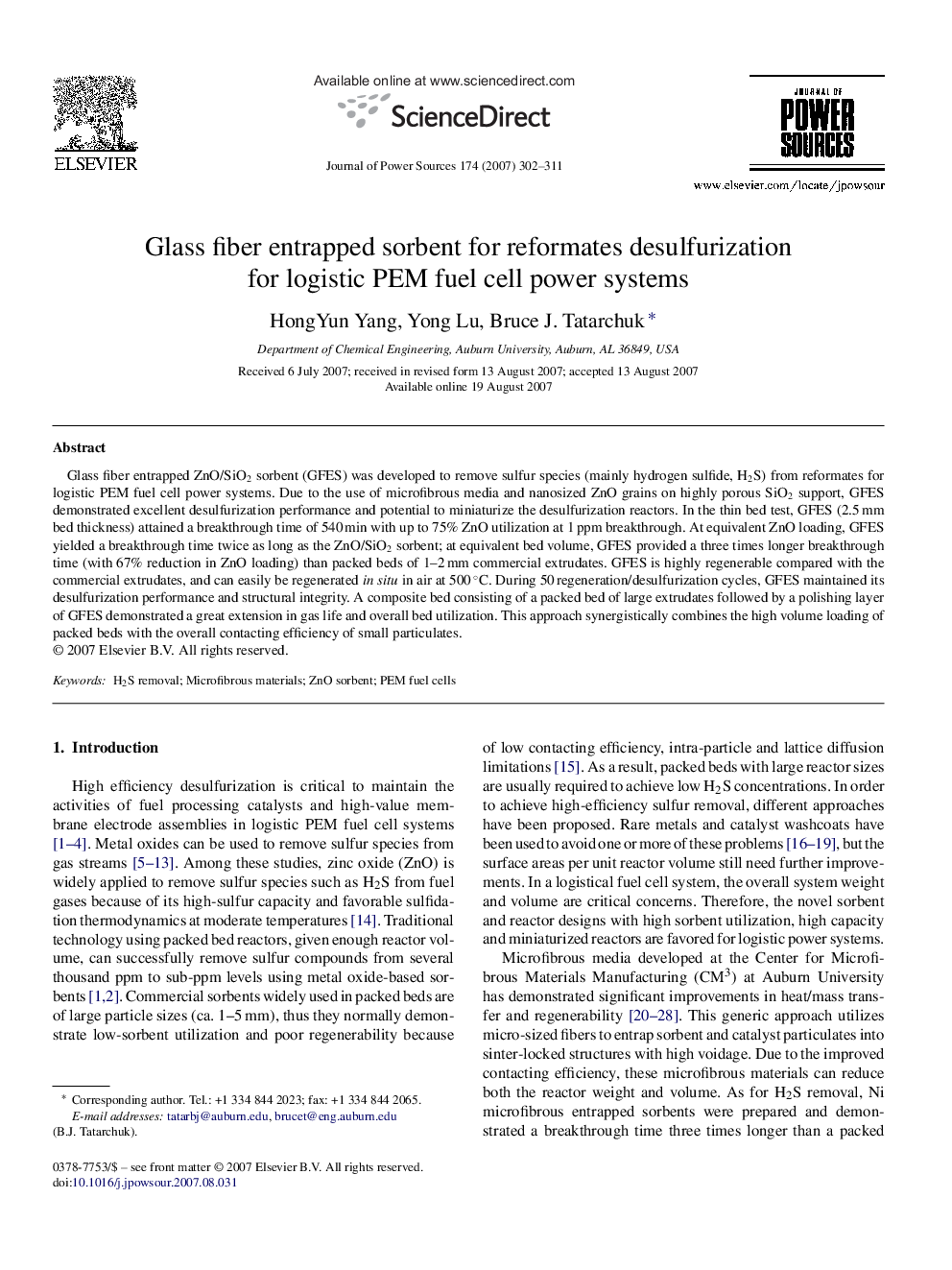 Glass fiber entrapped sorbent for reformates desulfurization for logistic PEM fuel cell power systems