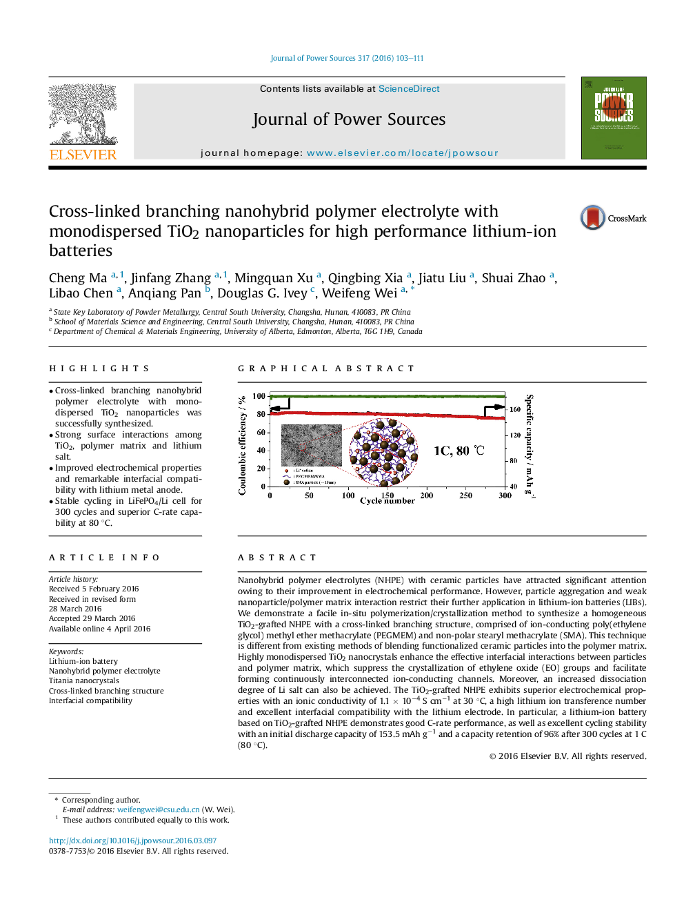 Cross-linked branching nanohybrid polymer electrolyte with monodispersed TiO2 nanoparticles for high performance lithium-ion batteries