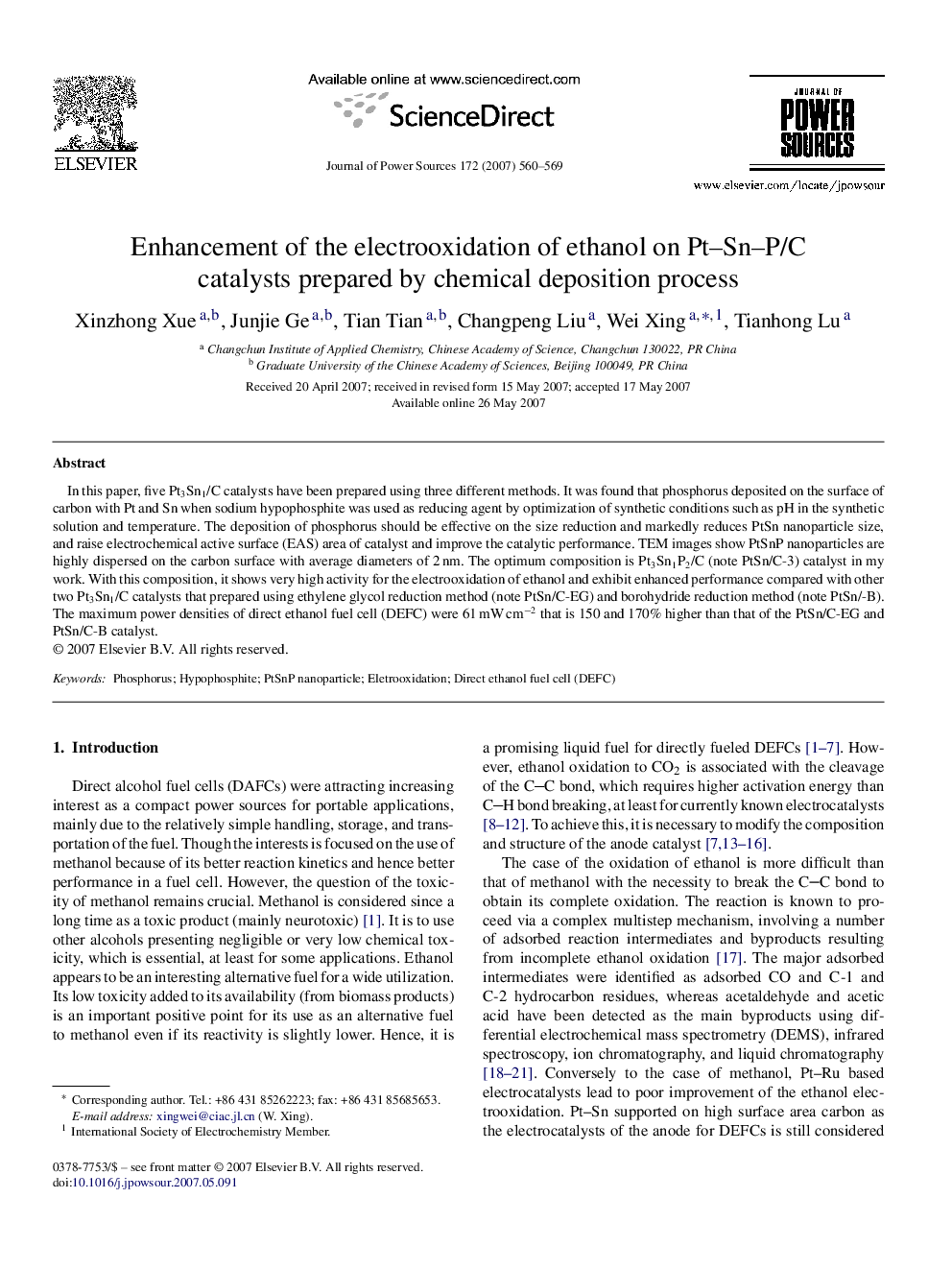 Enhancement of the electrooxidation of ethanol on Pt–Sn–P/C catalysts prepared by chemical deposition process