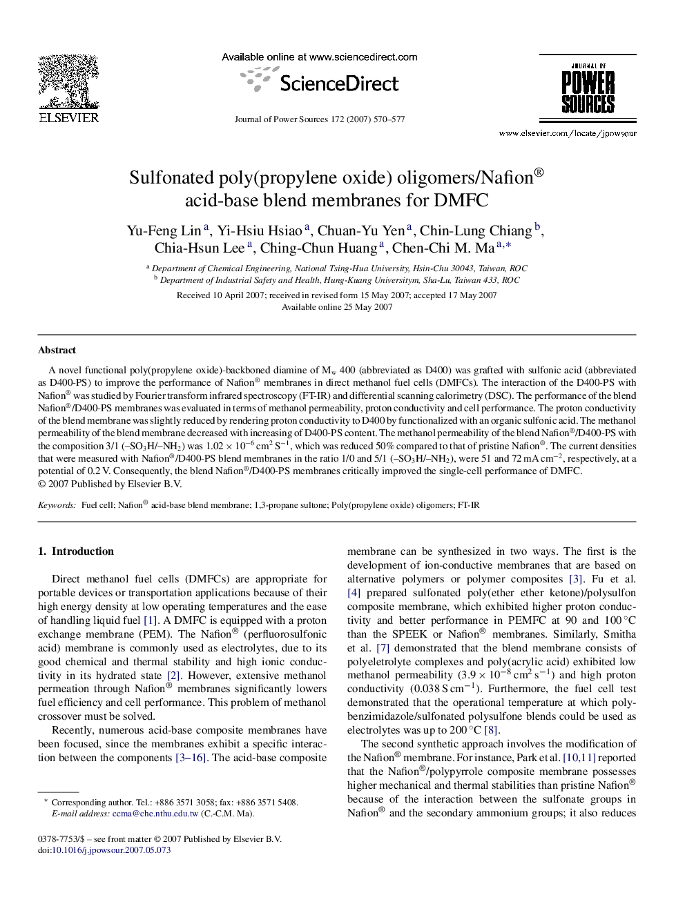 Sulfonated poly(propylene oxide) oligomers/Nafion® acid-base blend membranes for DMFC