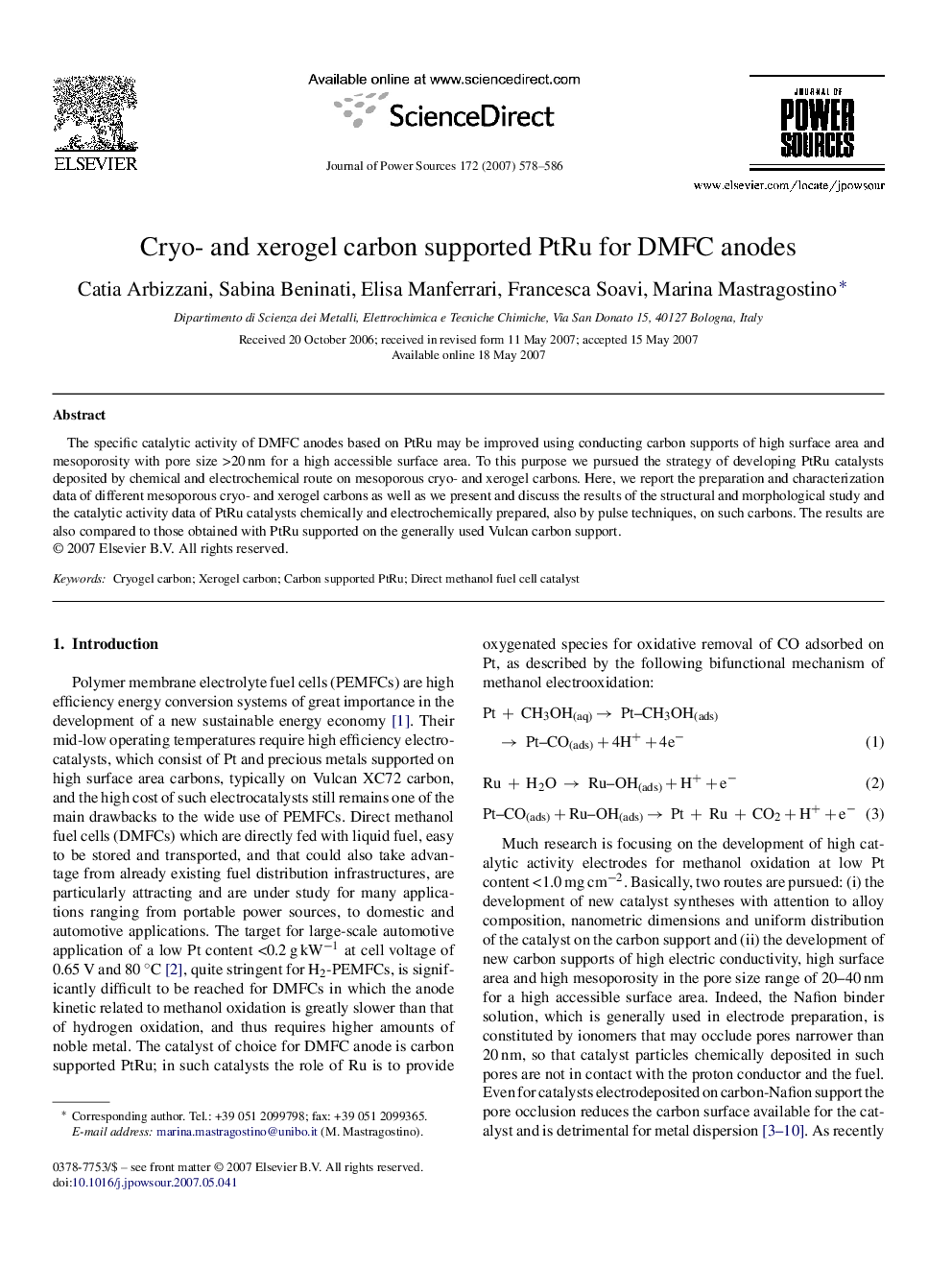 Cryo- and xerogel carbon supported PtRu for DMFC anodes