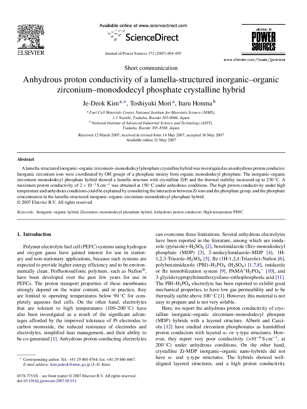 Anhydrous proton conductivity of a lamella-structured inorganic–organic zirconium–monododecyl phosphate crystalline hybrid