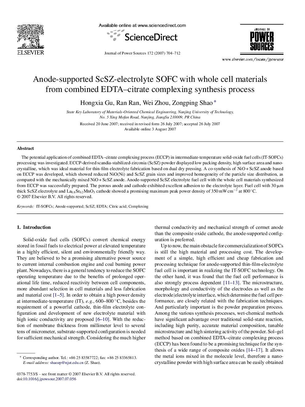 Anode-supported ScSZ-electrolyte SOFC with whole cell materials from combined EDTA–citrate complexing synthesis process