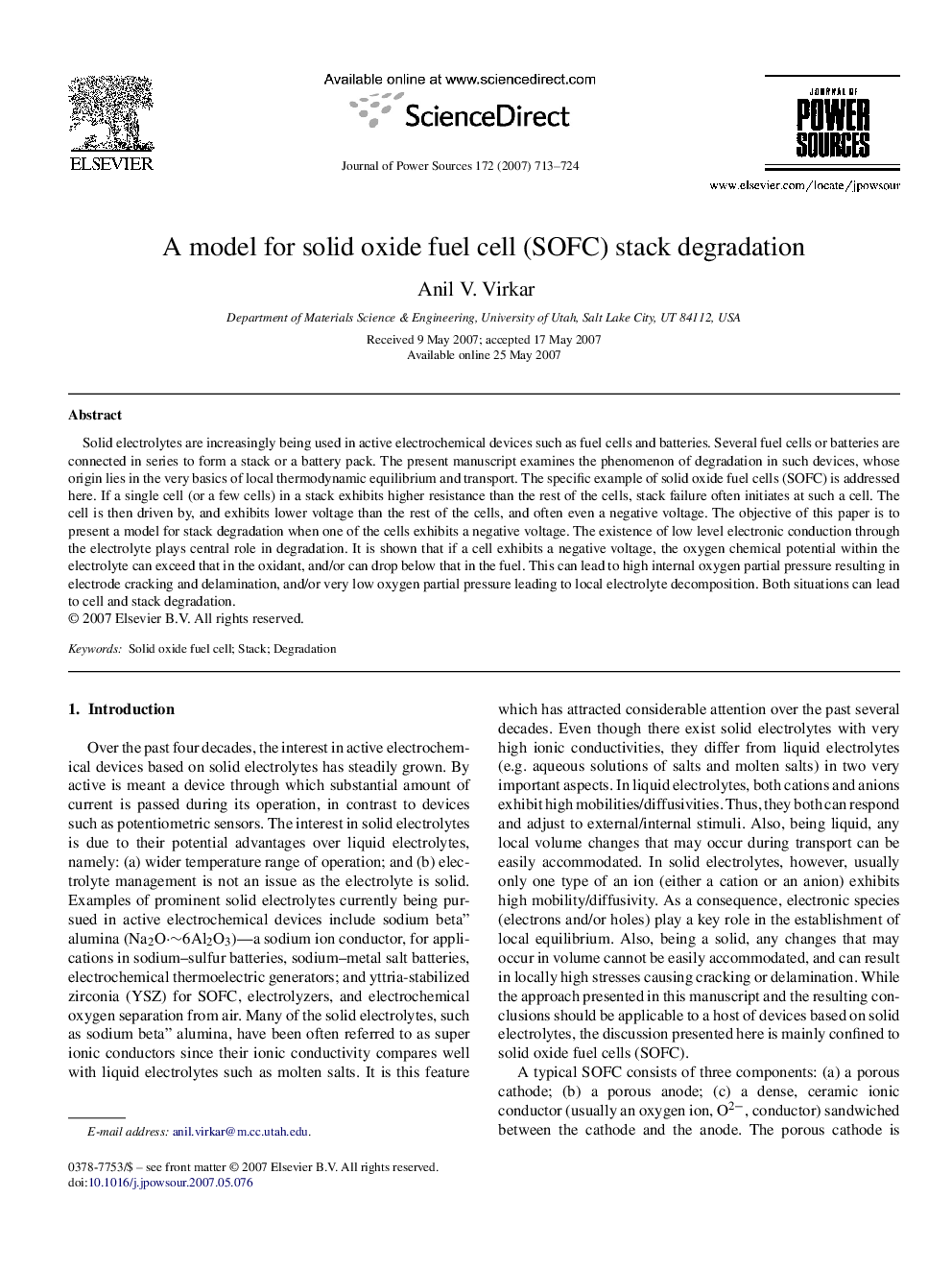 A model for solid oxide fuel cell (SOFC) stack degradation