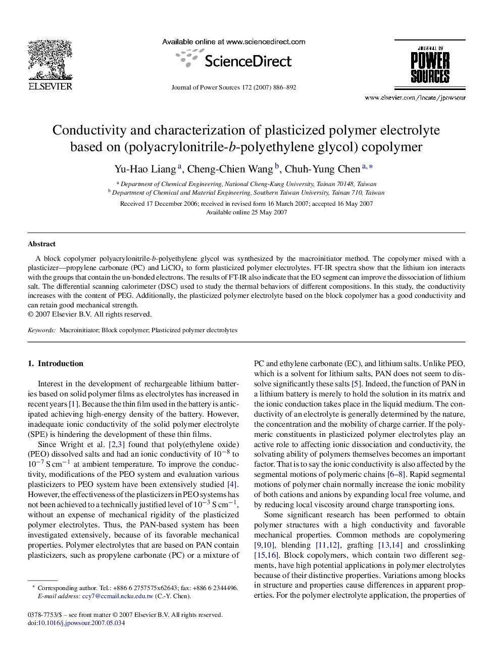 Conductivity and characterization of plasticized polymer electrolyte based on (polyacrylonitrile-b-polyethylene glycol) copolymer