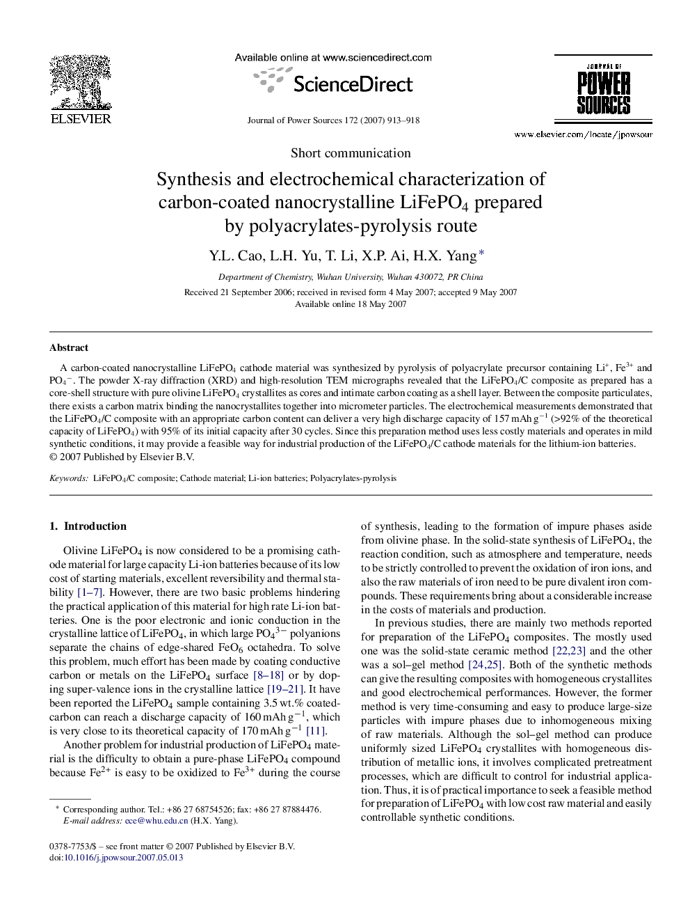 Synthesis and electrochemical characterization of carbon-coated nanocrystalline LiFePO4 prepared by polyacrylates-pyrolysis route