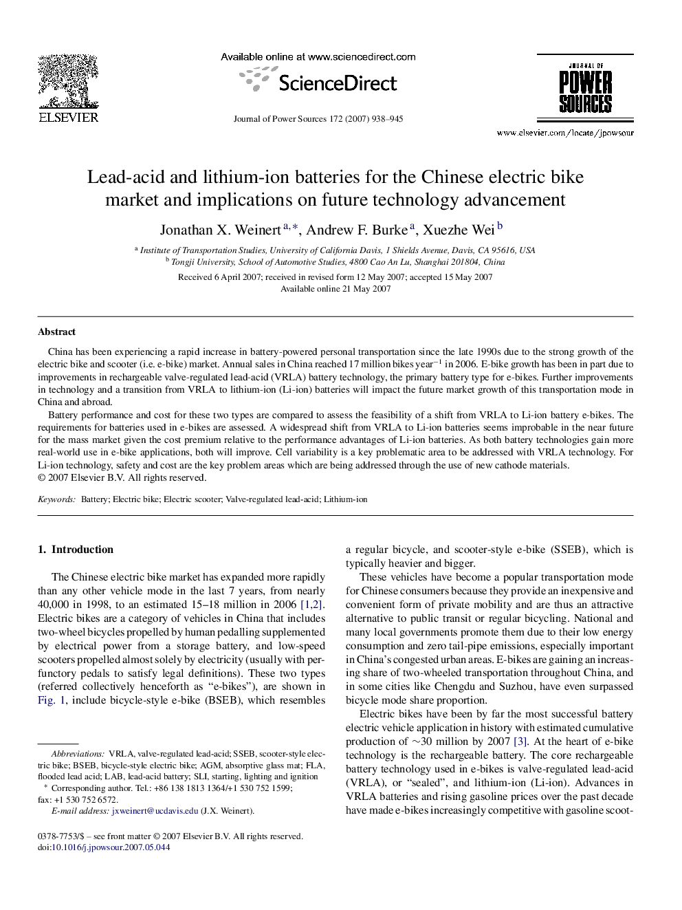 Lead-acid and lithium-ion batteries for the Chinese electric bike market and implications on future technology advancement