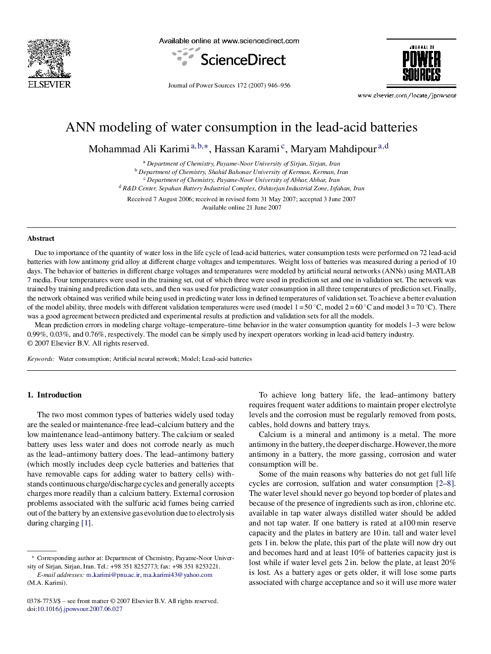 ANN modeling of water consumption in the lead-acid batteries