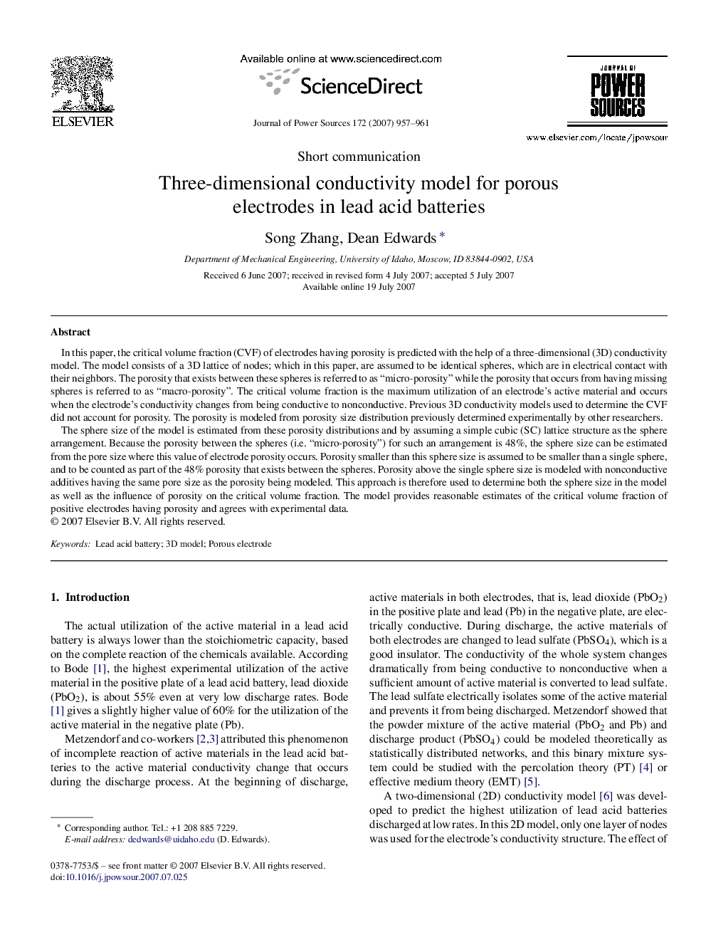 Three-dimensional conductivity model for porous electrodes in lead acid batteries