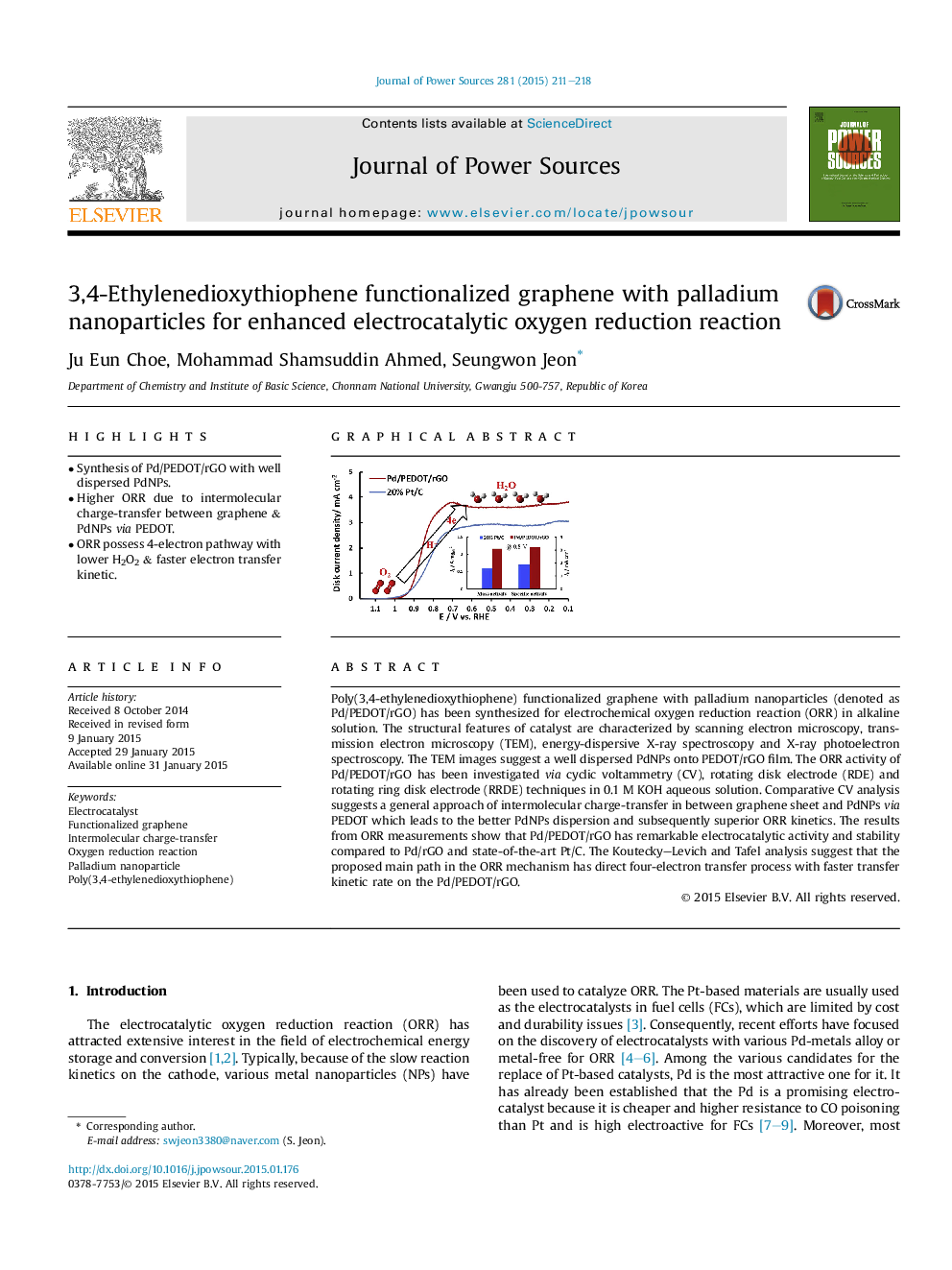 3,4-Ethylenedioxythiophene functionalized graphene with palladium nanoparticles for enhanced electrocatalytic oxygen reduction reaction