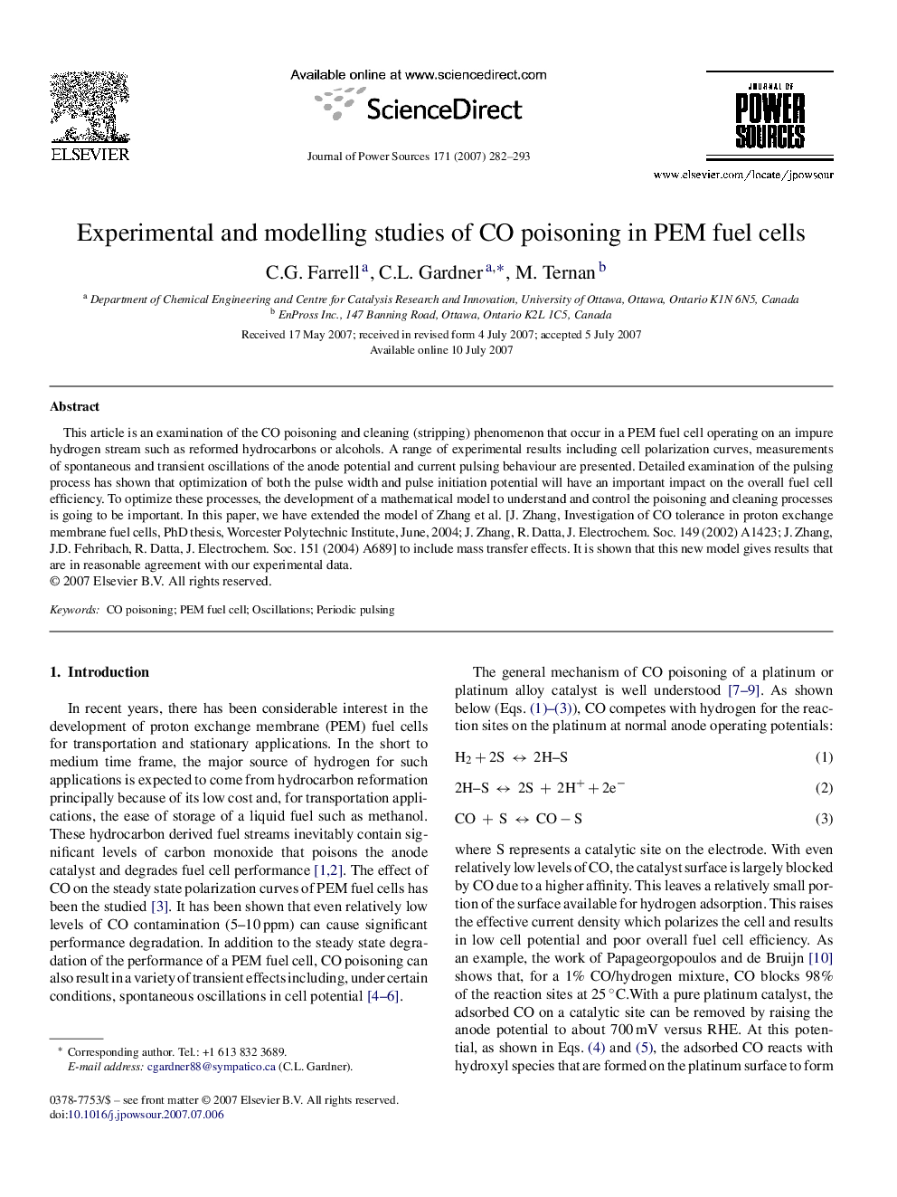 Experimental and modelling studies of CO poisoning in PEM fuel cells