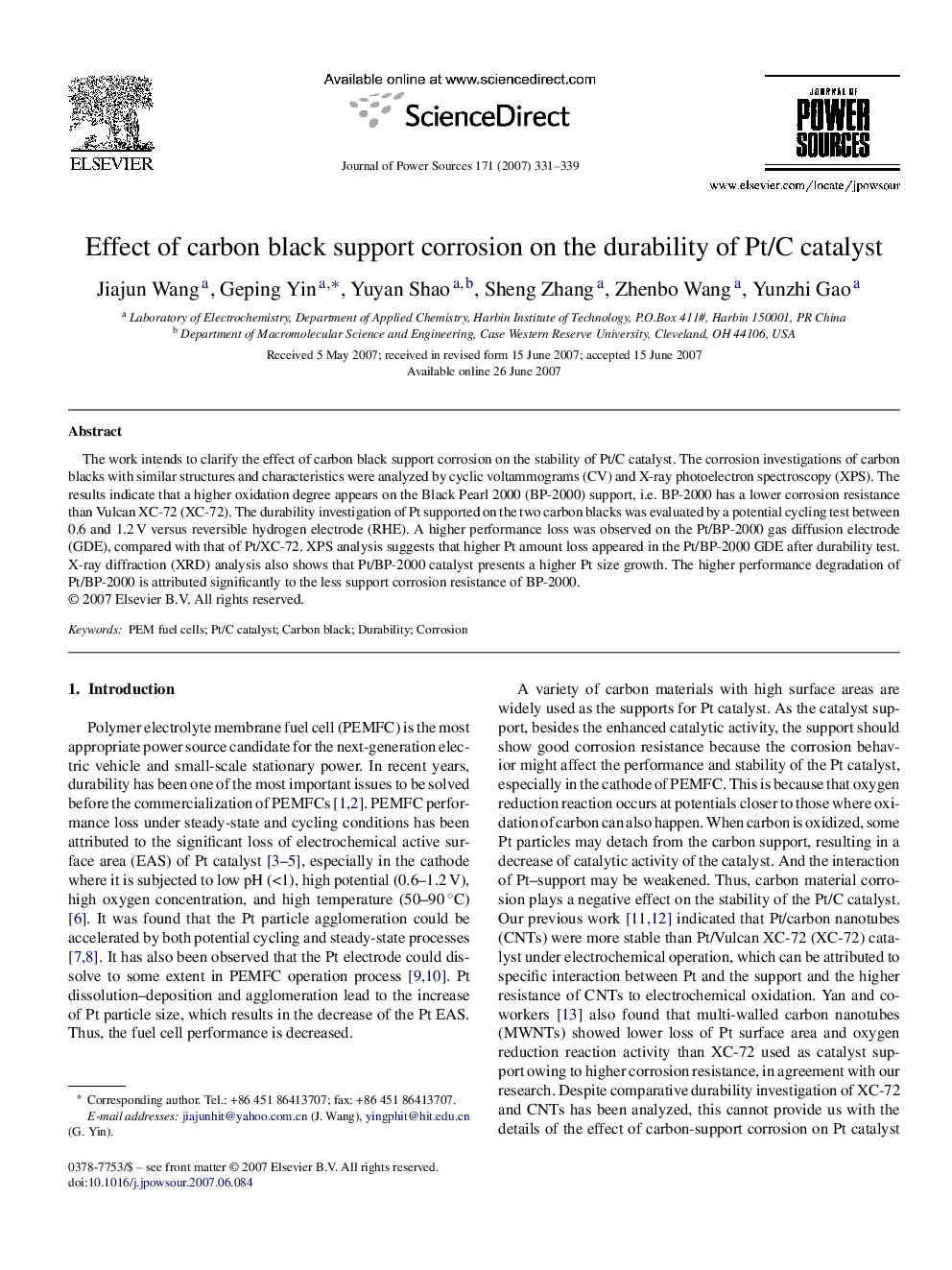 Effect of carbon black support corrosion on the durability of Pt/C catalyst