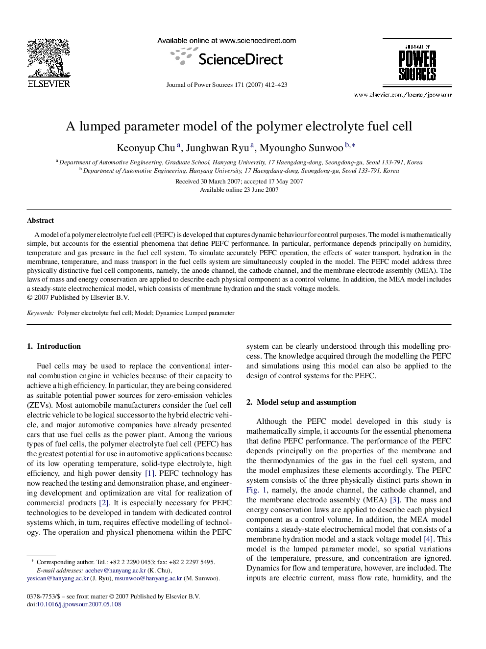 A lumped parameter model of the polymer electrolyte fuel cell