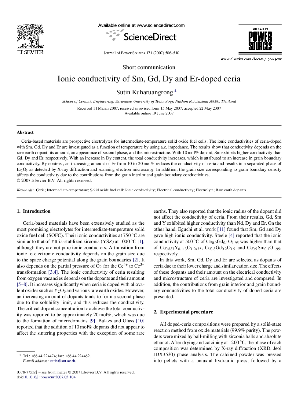 Ionic conductivity of Sm, Gd, Dy and Er-doped ceria