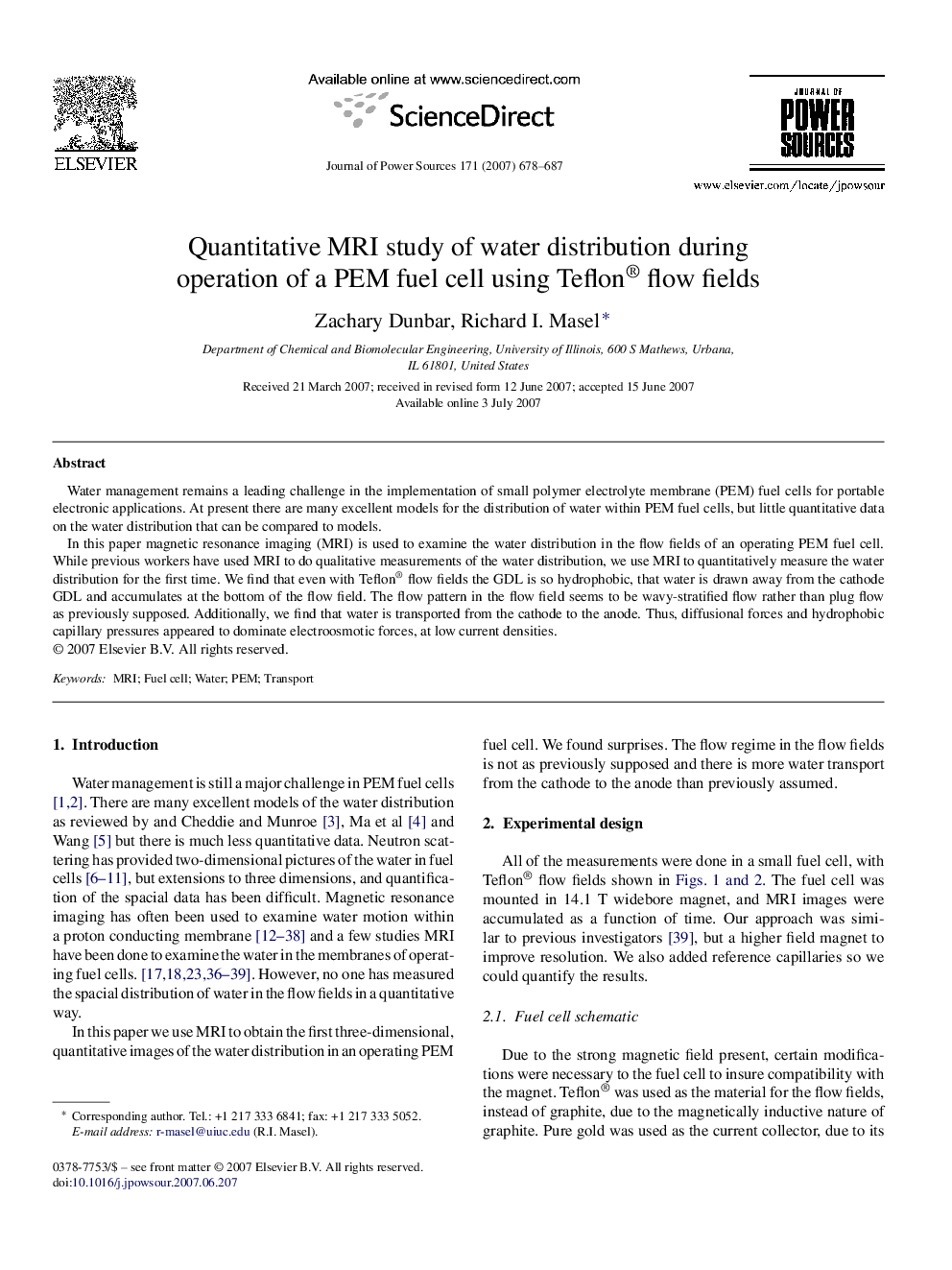 Quantitative MRI study of water distribution during operation of a PEM fuel cell using Teflon® flow fields