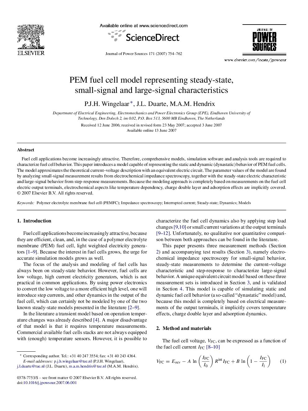 PEM fuel cell model representing steady-state, small-signal and large-signal characteristics