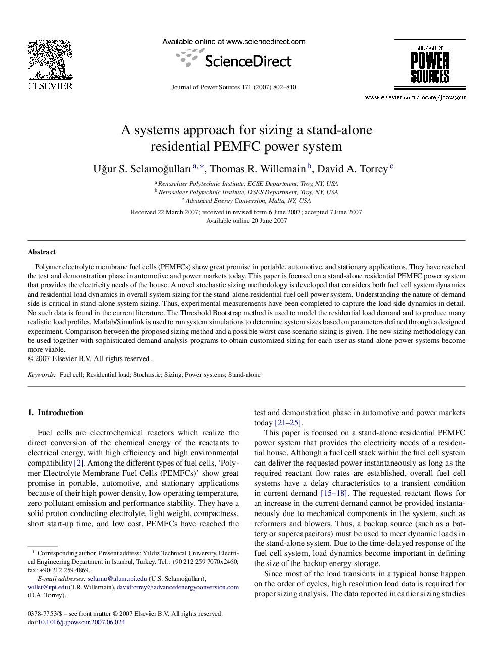 A systems approach for sizing a stand-alone residential PEMFC power system