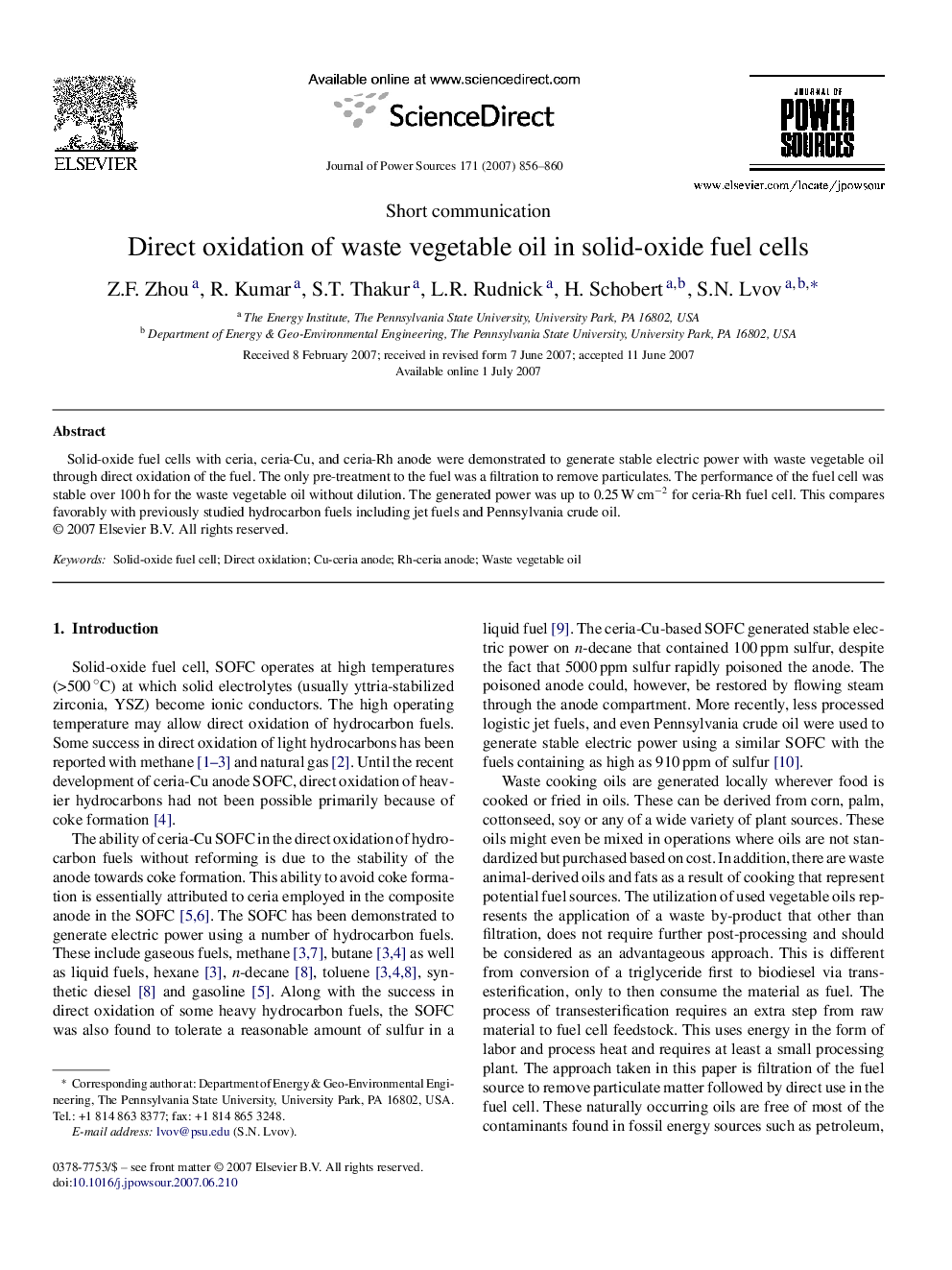 Direct oxidation of waste vegetable oil in solid-oxide fuel cells