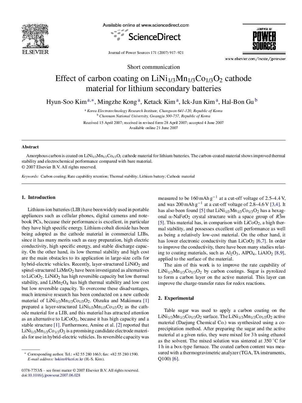 Effect of carbon coating on LiNi1/3Mn1/3Co1/3O2 cathode material for lithium secondary batteries