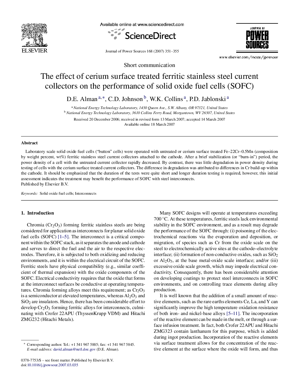 The effect of cerium surface treated ferritic stainless steel current collectors on the performance of solid oxide fuel cells (SOFC)