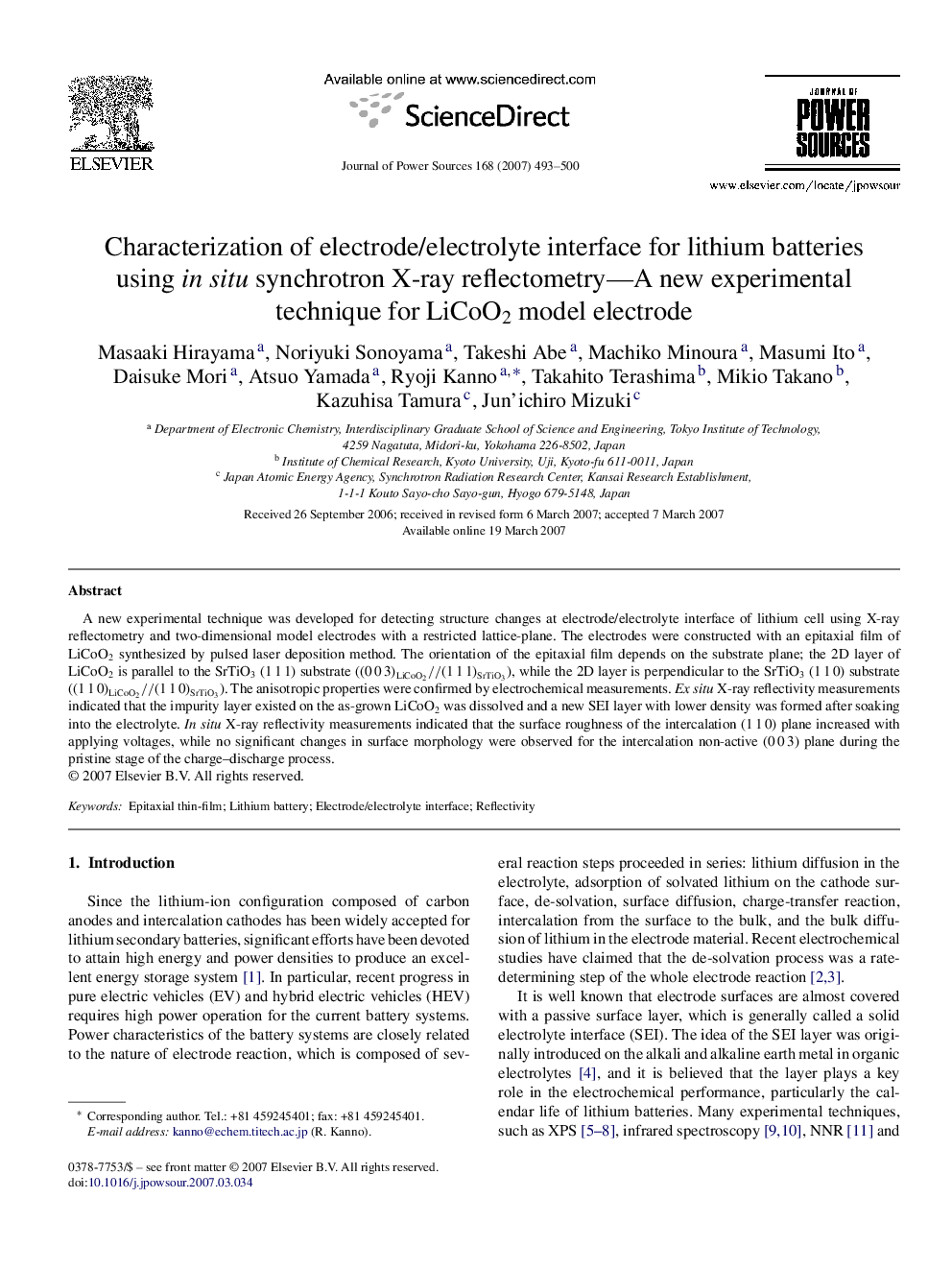 Characterization of electrode/electrolyte interface for lithium batteries using in situ synchrotron X-ray reflectometry—A new experimental technique for LiCoO2 model electrode