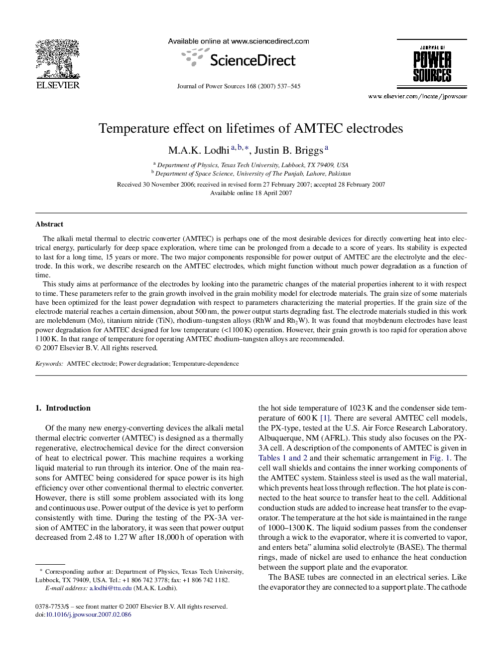 Temperature effect on lifetimes of AMTEC electrodes