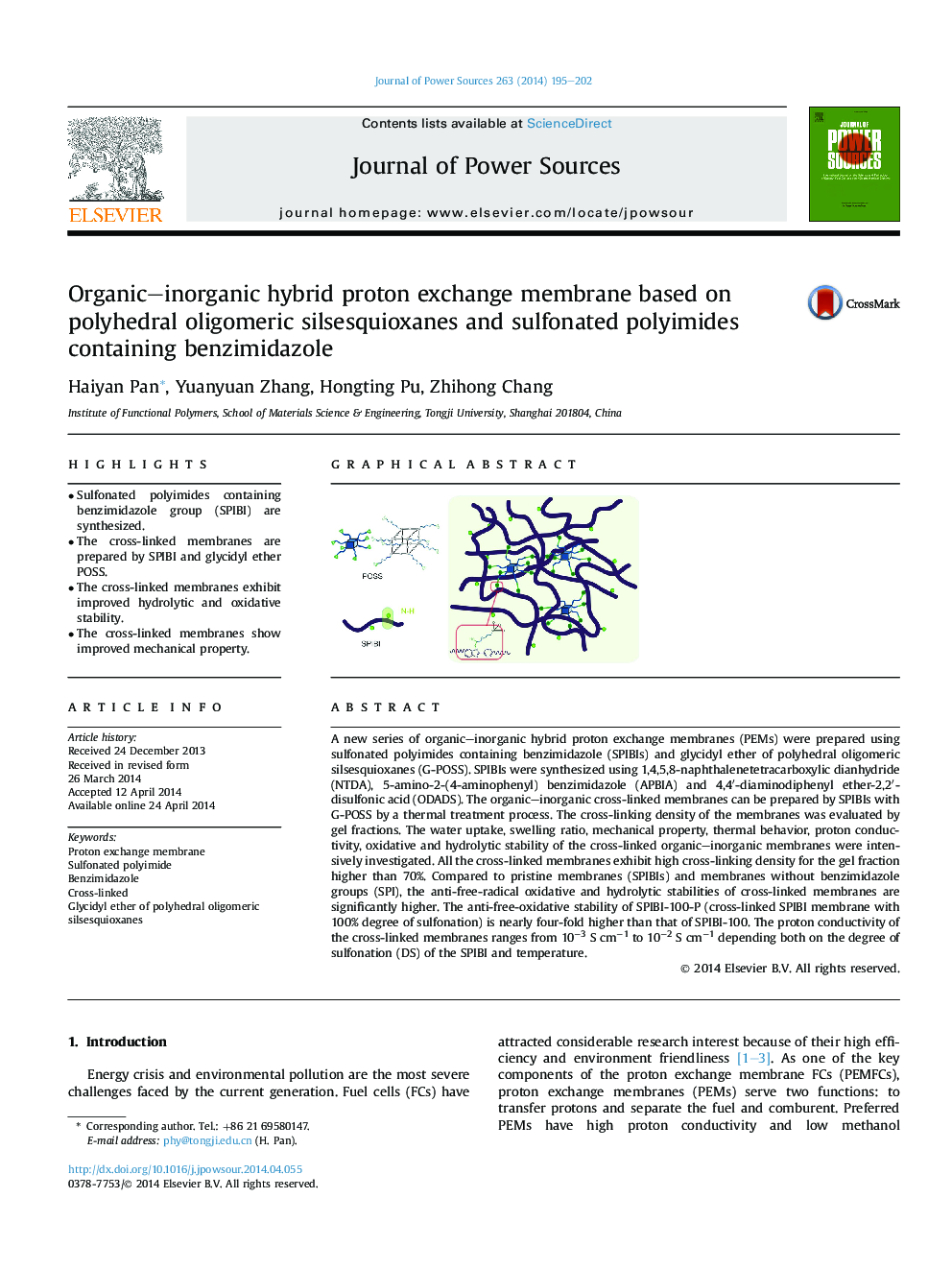 Organic–inorganic hybrid proton exchange membrane based on polyhedral oligomeric silsesquioxanes and sulfonated polyimides containing benzimidazole