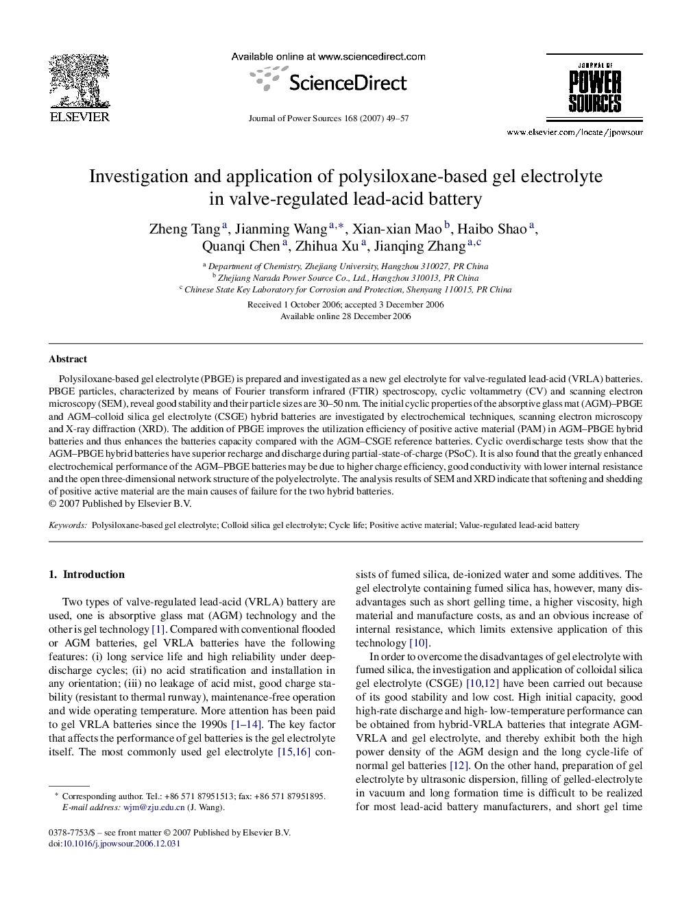 Investigation and application of polysiloxane-based gel electrolyte in valve-regulated lead-acid battery