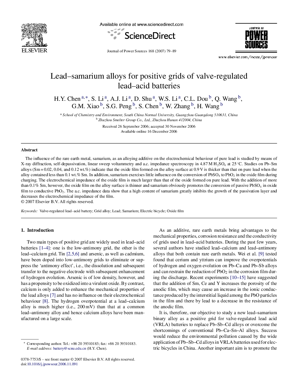 Lead–samarium alloys for positive grids of valve-regulated lead–acid batteries