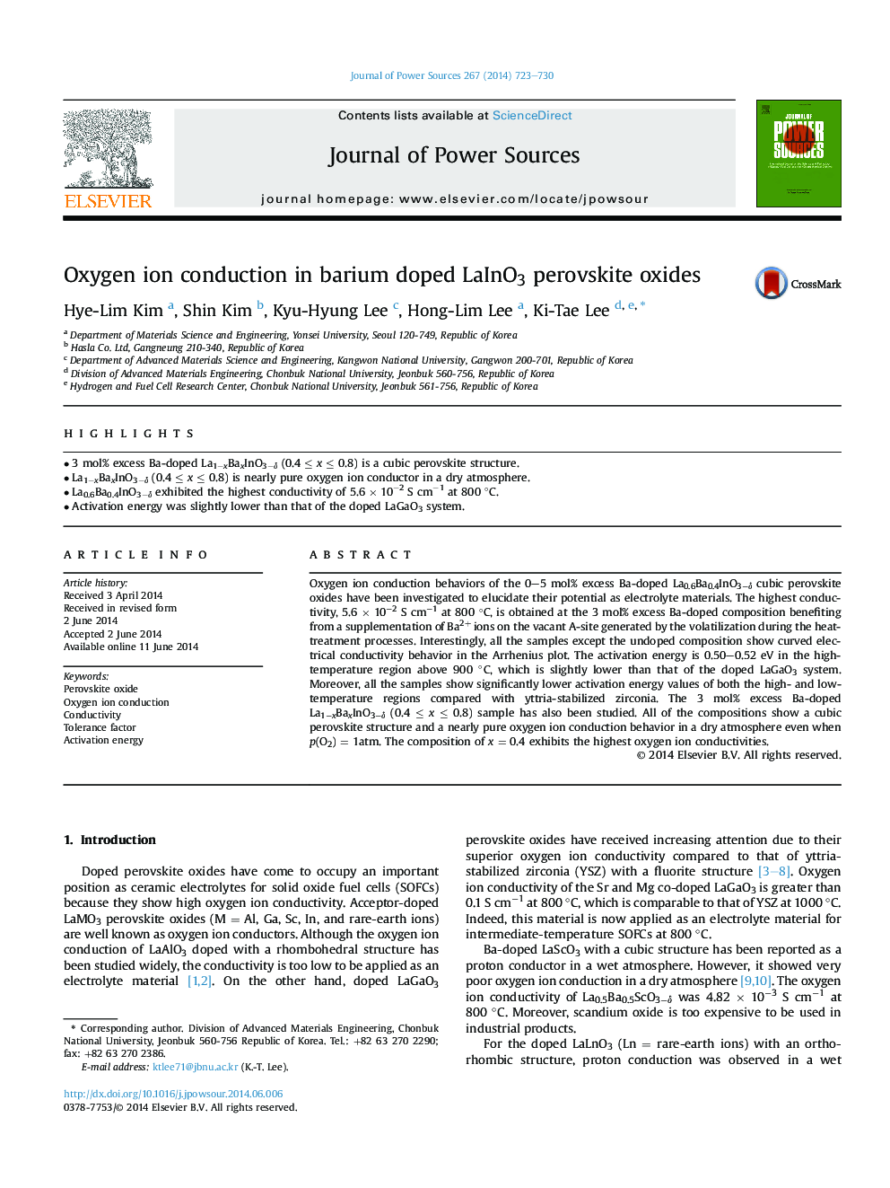 Oxygen ion conduction in barium doped LaInO3 perovskite oxides