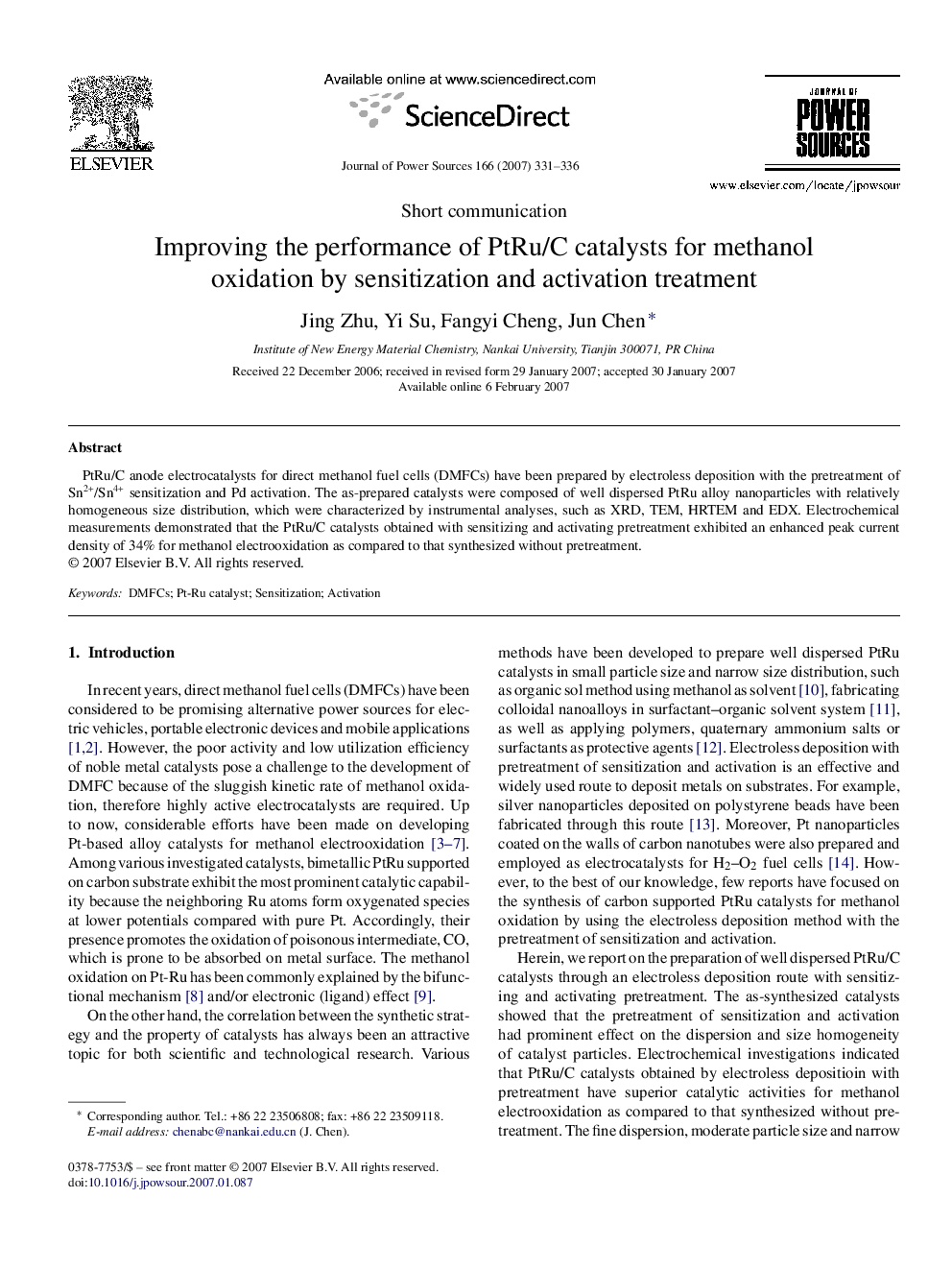 Improving the performance of PtRu/C catalysts for methanol oxidation by sensitization and activation treatment