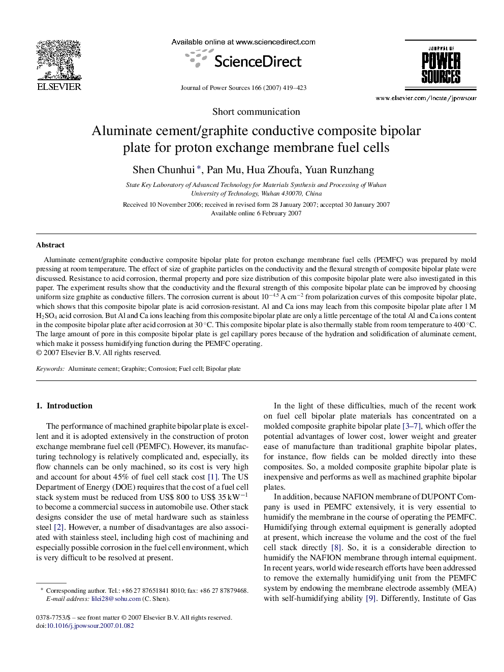 Aluminate cement/graphite conductive composite bipolar plate for proton exchange membrane fuel cells