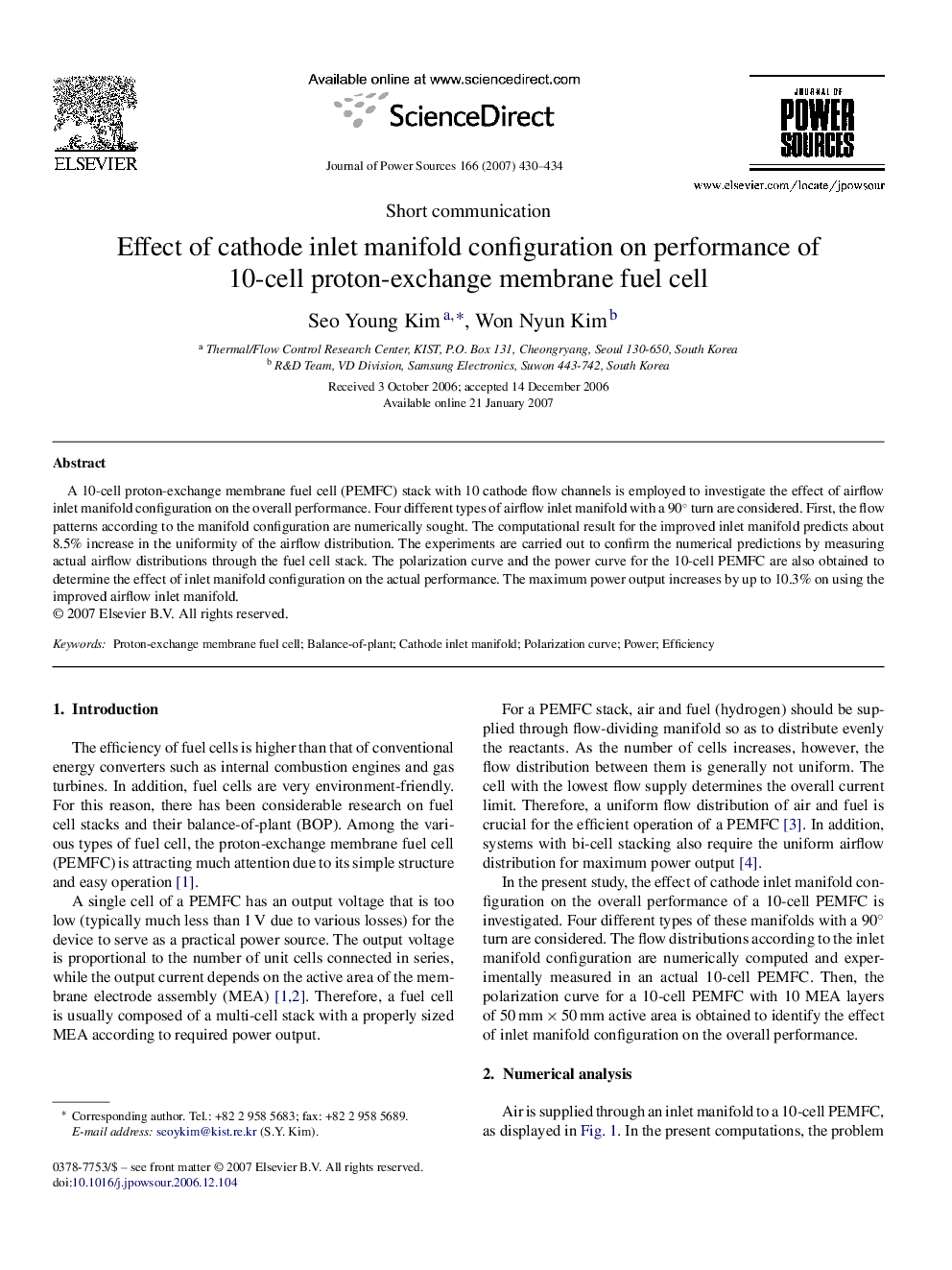 عکس صفحه اول مقاله: Effect of cathode inlet manifold configuration on performance of 10-cell proton-exchange membrane fuel cell Effect of cathode inlet manifold configuration on performance of 10-cell proton-exchange membrane fuel cell
