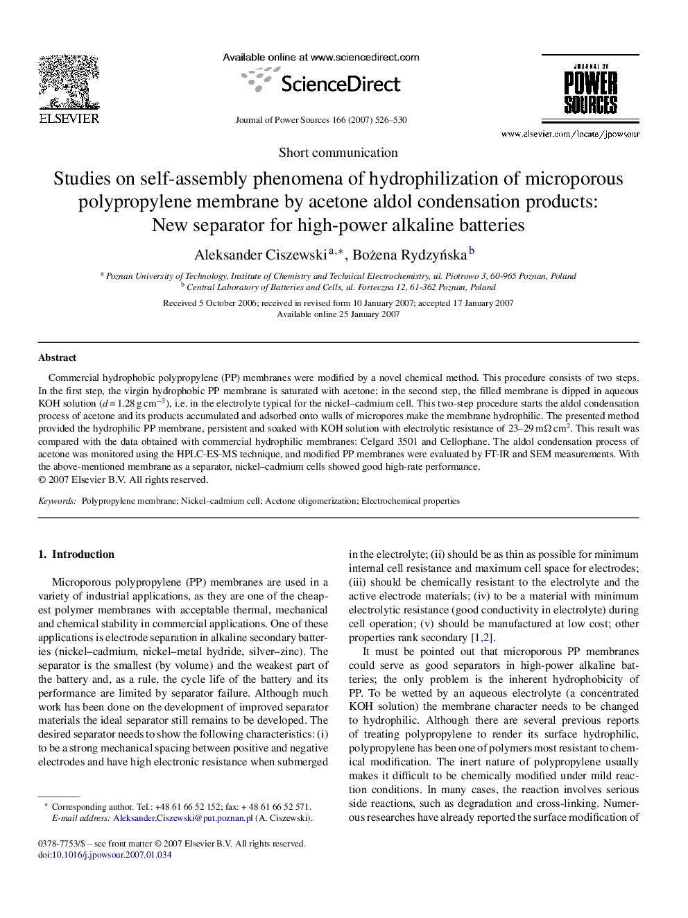 Studies on self-assembly phenomena of hydrophilization of microporous polypropylene membrane by acetone aldol condensation products: New separator for high-power alkaline batteries