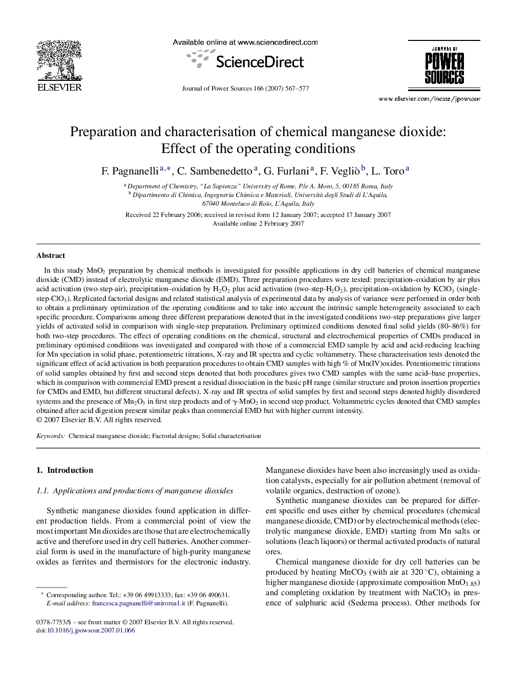 Preparation and characterisation of chemical manganese dioxide: Effect of the operating conditions