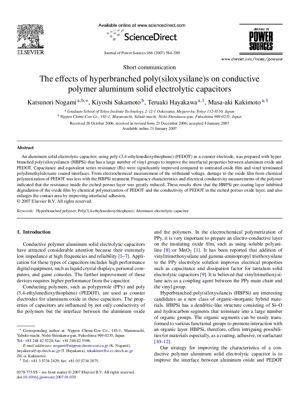 عکس صفحه اول مقاله: The effects of hyperbranched poly(siloxysilane)s on conductive polymer aluminum solid electrolytic capacitors The effects of hyperbranched poly(siloxysilane)s on conductive polymer aluminum solid electrolytic capacitors