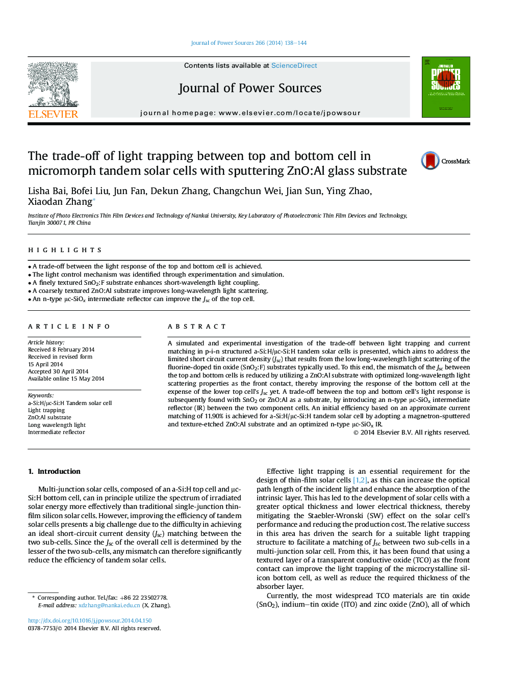 The trade-off of light trapping between top and bottom cell in micromorph tandem solar cells with sputtering ZnO:Al glass substrate