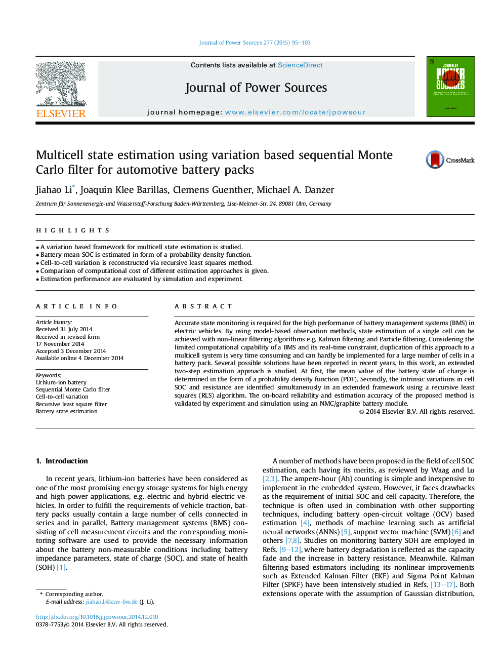 Multicell state estimation using variation based sequential Monte Carlo filter for automotive battery packs