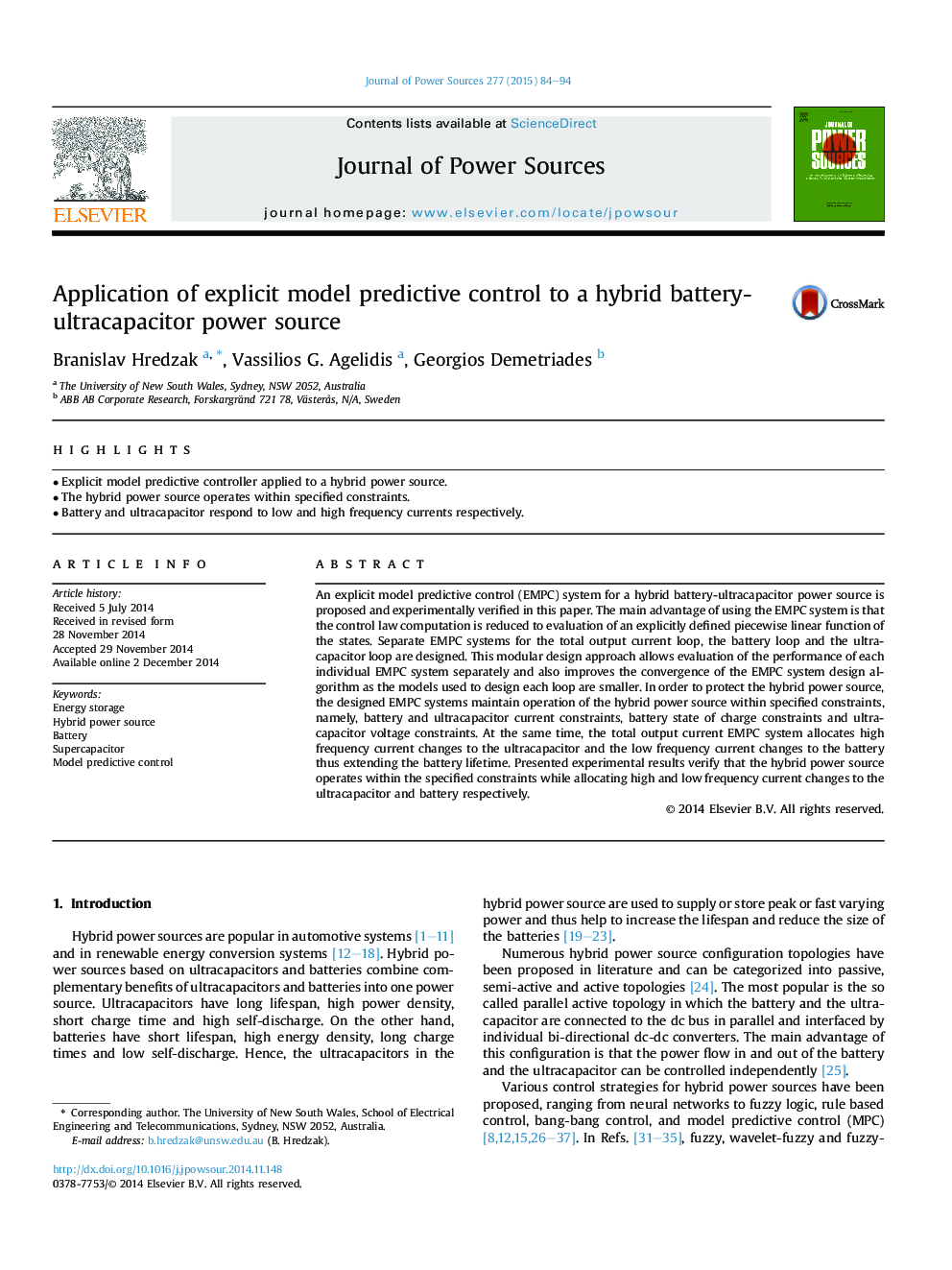 Application of explicit model predictive control to a hybrid battery-ultracapacitor power source